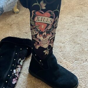 Vinatge ed hardy knee high love kills slowly furry boot